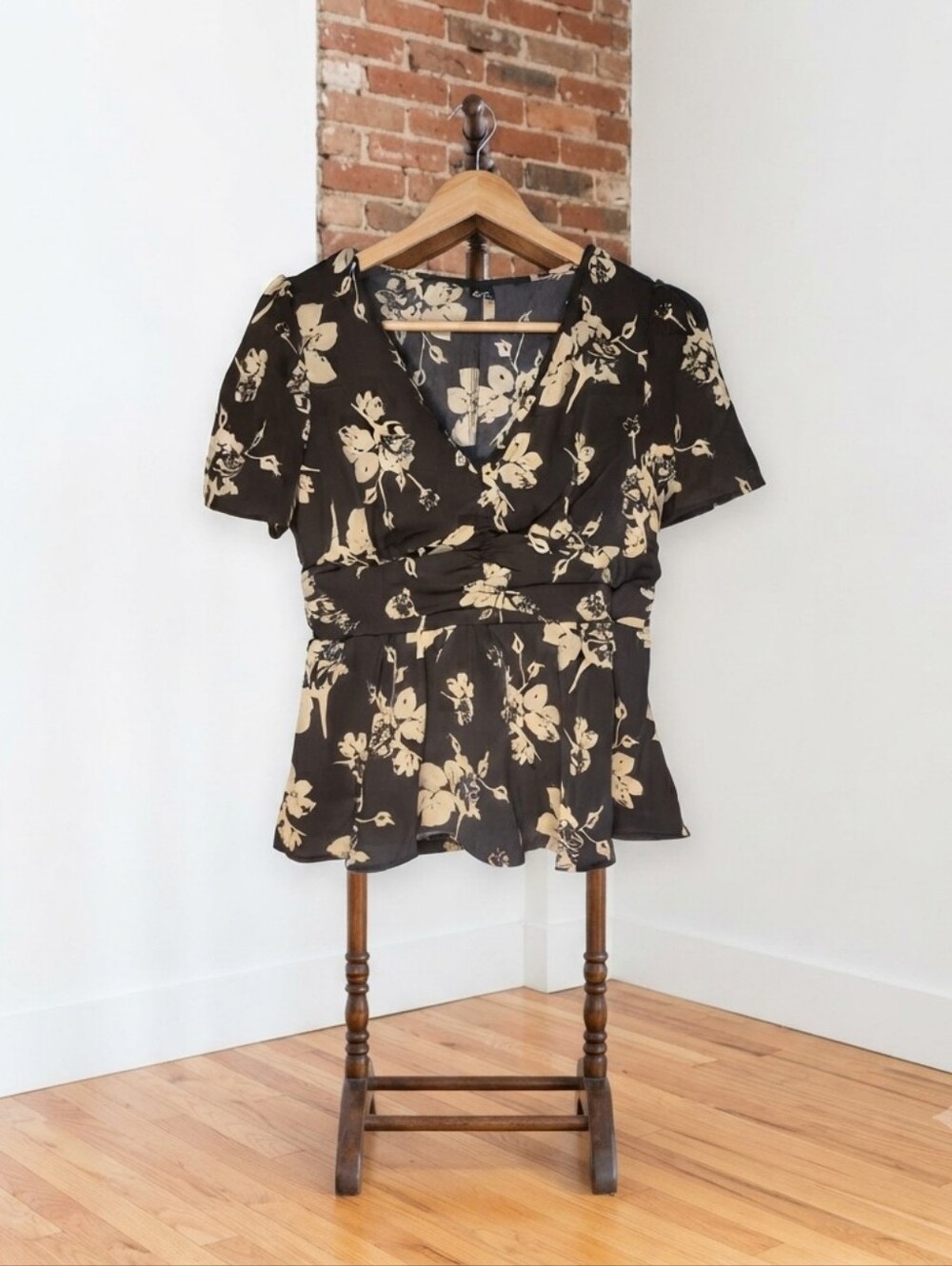 Black Floral Wrap-Style Peplum Blouse
